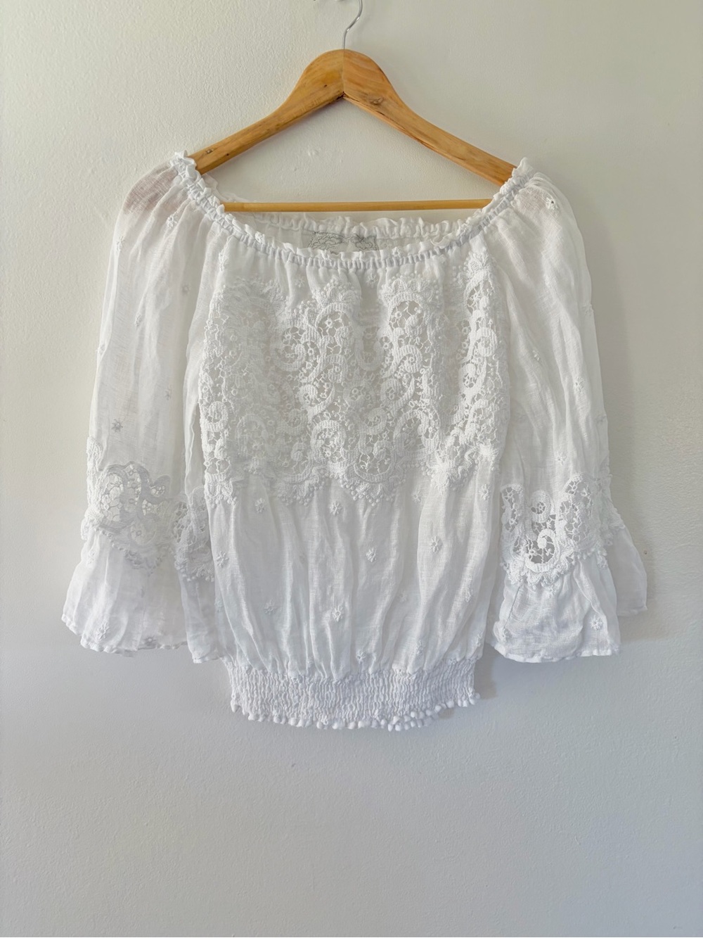 Temptations Positano White Linen Off The Shoulder Crochet Lace Boho Peasant Top